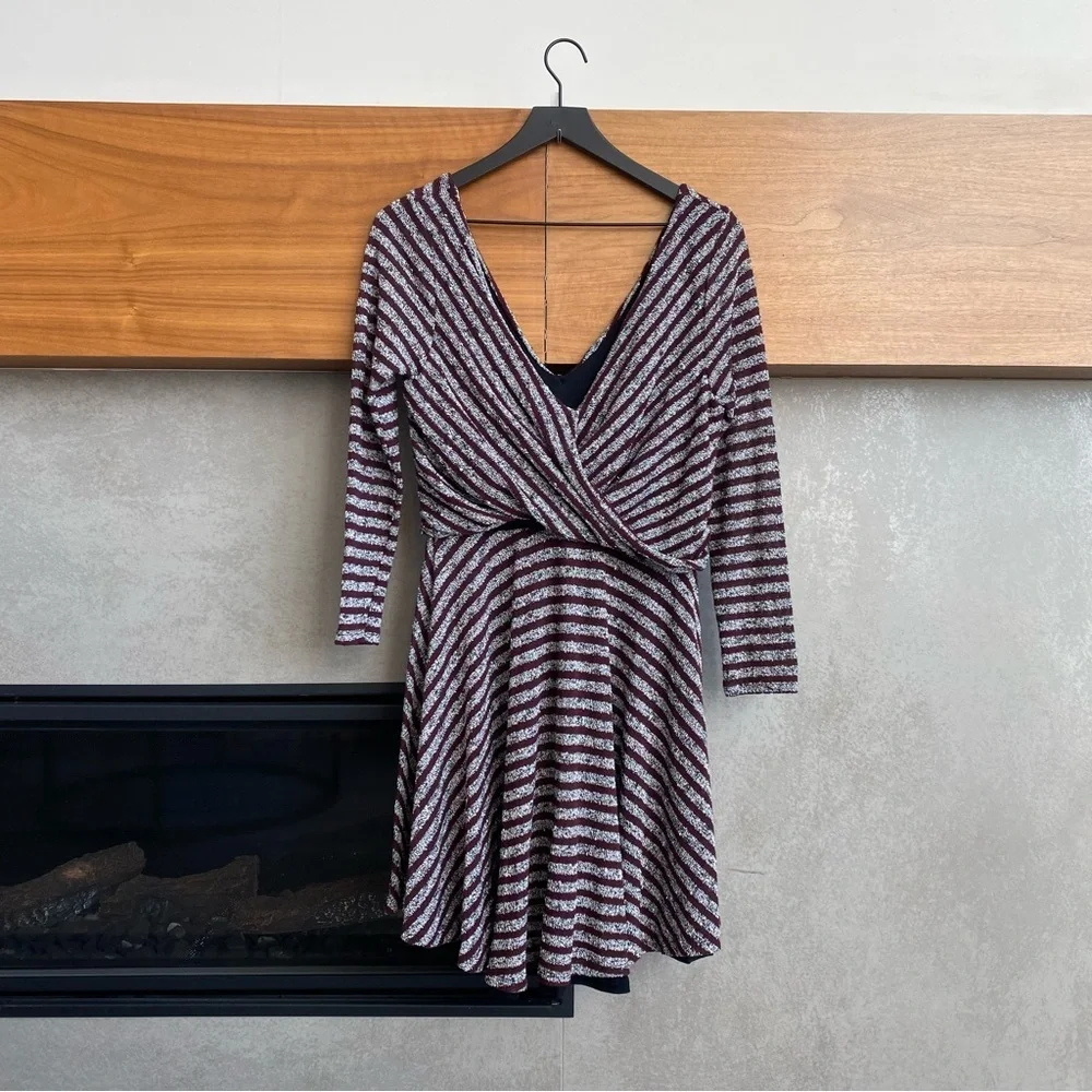 NWT Free People Retro Eggplant Combo 3/4 Sleeve Flare Mini Dress, Size L
